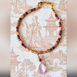 Natural Genuine Pink Opal & Pink Glass in GP Necklace w/ Powder Pink Crystal